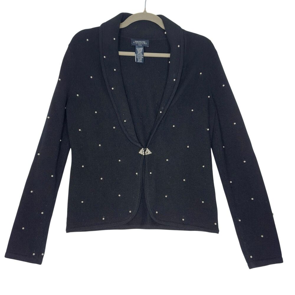 Vintage Jones NY Pearl Beaded Cardigan Sz Petite Small Black Wool Blend Coquette